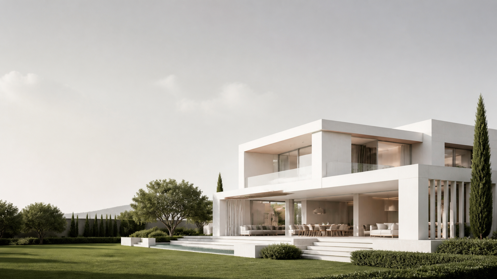 Villa moderna industrializada con jardín minimalista